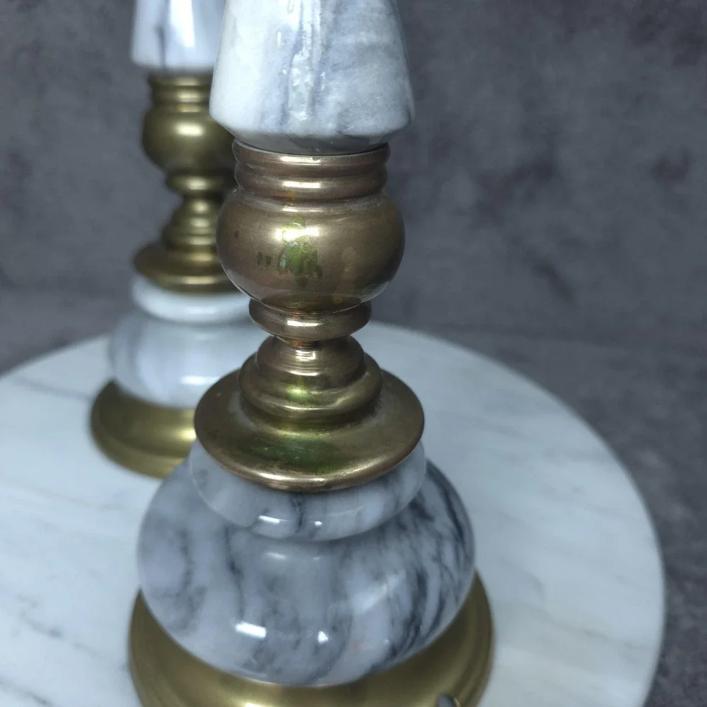 Vintage Brass Marble Candlestick Holders White Stone Taper Pillar Pair Decor 15